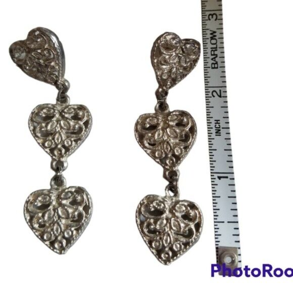 Vintage Silver Tone Three Heart Dangling Pierced Earrings - Picture 2 of 4